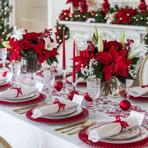 Red And White Christmas Table, White Christmas Tablescapes, White Christmas Throw Pillows, Red And White Christmas Decor, Christmas Hosting, White Christmas Decor Ideas, Christmas Dinner Table Settings, Luxury Christmas Decor, Outdoor Christmas Decoration Ideas