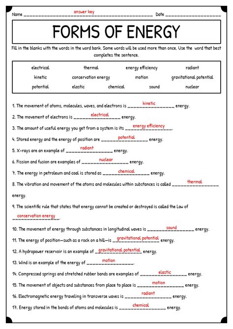 Form Of Energy, 7th Grade Homeschool Ideas, Physics Worksheets, Teaching Physics, Grade 6 Science, Grade 5 Science, Grade 6 Science Notes, Grade 7 Science, Forms Of Energy