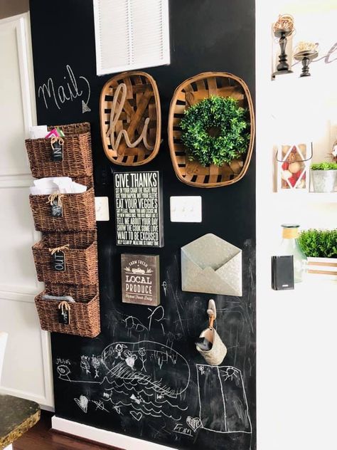 Kitchen Notice Board, Chalkboard Wall Diy, Family Command Center Wall, Family Planner Wall, Kitchen Blackboard, Home Command Center, Family Command Center, Dining Room Ideas, Cottage Style Homes