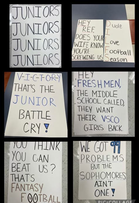 Class posters/ football posters Juniors Vs Seniors Posters, Junior Takeover Day Ideas, Quarter Back Football Posters, Championship Game Poster Ideas, Senior Powderpuff Posters, Powderpuff Football Signs Ideas, Class Of 2024 Poster Ideas, Powderpuff Game Signs, Junior Spirit Posters