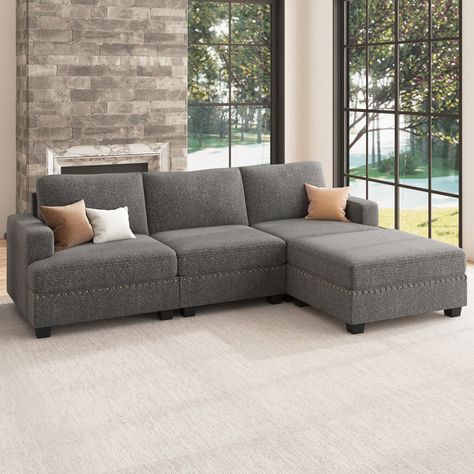 Nolany Modular Sectional Sofa L-shaped 3-seater Sofa With Chaise & Reviews | Wayfair 9 Seater Sofa Design, Sectional Sofa Grey, Sectional Sofa With Storage, Grey Sectional Sofa, L Shape Sofa, Grey Sofa, Sofa With Chaise, Storage Chaise, U Shaped Sofa