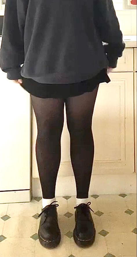 Tights And White Socks, Black Skirt And Jumper Outfit, Baggy Jumper And Skirt, Tights School Outfits, Jumper And Skirt Outfit Winter, Doc Martens With Tights, Black Pleated Skirt Outfit Aesthetic, Crewneck With Skirt, Baggy Jumper Outfit