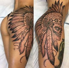 Native American warrior skull #goals Feather Hip Tattoos, Skull Thigh Tattoos, Indian Feather Tattoos, Wife Tattoo, Cowgirl Tattoos, African Tattoo, Native Tattoos, Tattoo Shading, Design Tattoos