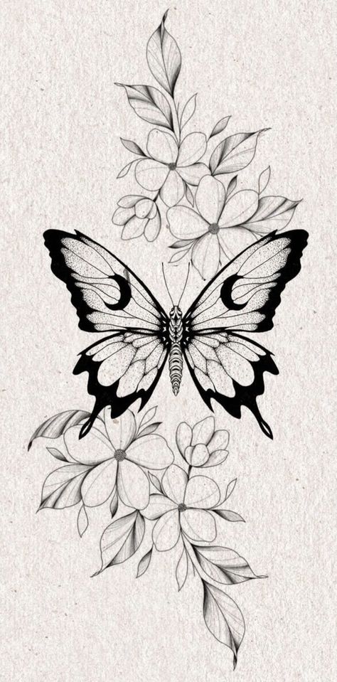 Butterfly’s Tattoo Design, Butterfly Snake Tattoo Design, Floral Butterfly Tattoo Design Forearm, As The World Falls Down Tattoo, Butterfly Flowers Drawing, Butterfly And Mandala Tattoo, Tattoo Stencils Flowers, Dainty Floral Spine Tattoo, Tattoo Ideas On Paper