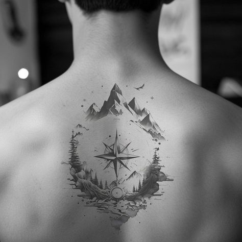 Tree Line Tattoo, Biblical Tattoos, Adventure Tattoo, P Tattoo, Bright Tattoos, Cursive Tattoos, Compass Tattoo Design, Hiking Tattoo, Elements Tattoo