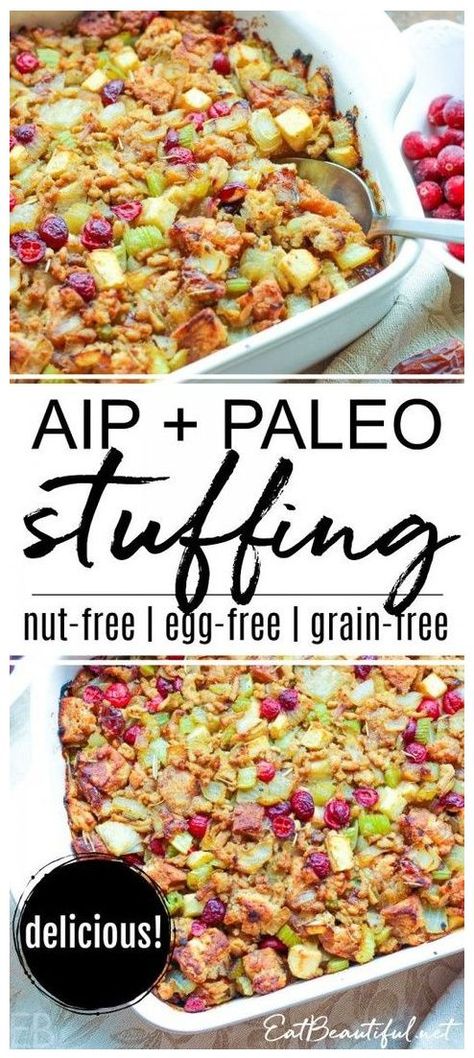 The most delicious stuffing recipe! ~ Everything you love about stuffings: bread (great and easy AIP and Paleo Biscuits), sausage (for that perfect umami appeal and texture), onions, celery, fresh and dried fruit, and just the right herbs and AIP spices. || Eat Beautiful | aip stuffing | aip Thanksgiving stuffing | paleo Thanksgiving stuffing | aip christmas | aip holiday | aip side dish | thanksgiving | stuffing | paleo | aip | #aip #stuffing #paleo #holiday #recipe #thanksgiving Paleo Stuffing Recipes, Aip Spinach Recipes, Aip Stuffing Thanksgiving, Aip Foods At Costco, Paleo Stuffing Thanksgiving, Recipes For Autoimmune Disease, Whole30 Thanksgiving Recipes, Aip Reintroduction Plan, Aip Holiday Recipes