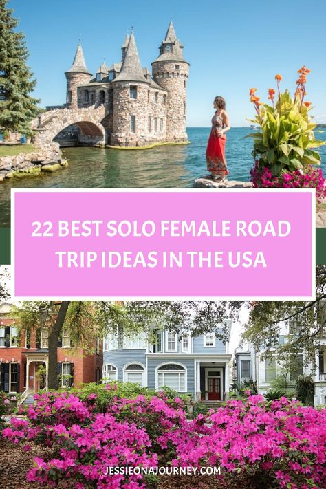 Pinterest pin that shows solo female road trip ideas in the usa. Best Places To Travel As A Single Woman, Northeast Usa Road Trip, Best Places For Women To Travel Solo, Girls Road Trip Ideas, Best Solo Trips For Women In The Us, Solo Road Trip Woman, Female Solo Travel Destinations, Best Solo Trips For Women, Us Road Trip Routes