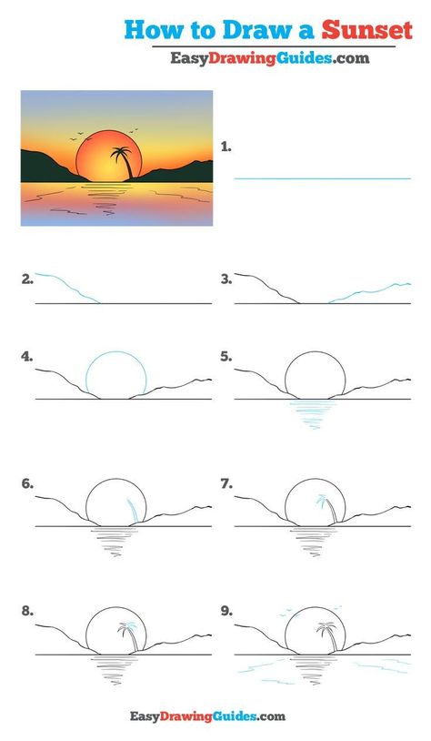 Learn How to Draw a Sunset: Easy Step-by-Step Drawing Tutorial for Kids and Beginners. #Sunset #drawingtutorial #easydrawing See the full tutorial at https://easydrawingguides.com/draw-sunset-really-easy-drawing-tutorial/. Learn To Draw Nature, Step By Step Drawing Nature, Drawing Ideas Easy Step By Step Nature, Sunset Drawing Colored Pencil Easy, Sunset Sketch Pencil Easy, How To Paint Landscapes Step By Step, Draw Nature Easy, How To Draw Nature Step By Step, Drawing Sunset Pencil