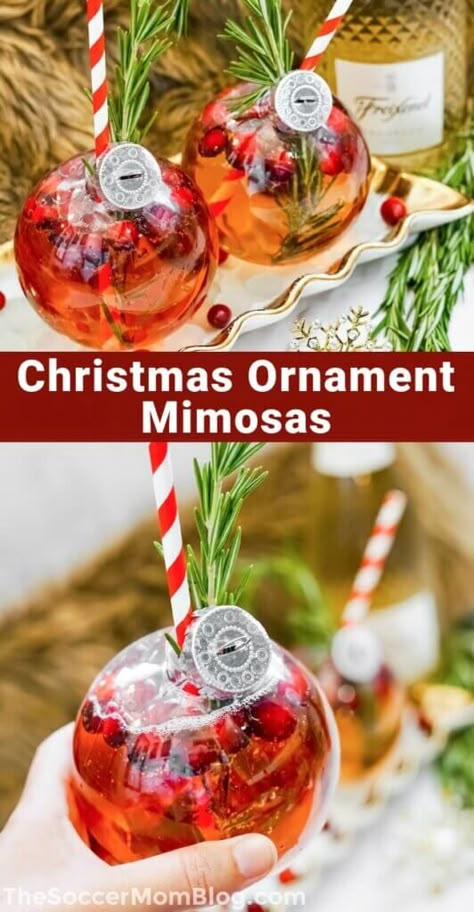 Holiday Drink In Ornament, Drinks In Christmas Ornaments, Christmas Cocktail With Ornament, Christmas Ornament Mimosa, Christmas Drink With Ornament, Xmas Party Ideas For Adults, Christmas Cocktail Ornament, Christmas Drink In Ornament, Christmas Cocktails With Ornament