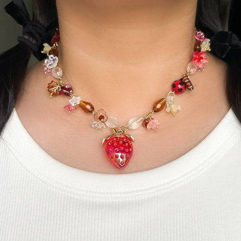 berry bliss – featuring a playful mix of strawberry and a lucky ladybug charm 🍓🐞🍁 available on etsy or dm to purchase 🤎✨ #handmadewithlove #necklace #beadedjewelry #cottagecore #fallvibes #smallbusiness Strawberry Necklace Tutorial, Strawberry Pearl Necklace, Lucky Ladybug, Berry Necklace, Strawberry Quartz Jewelry, Ladybug Beaded Necklace, Fall Vibes, Diy Jewelry, Berry