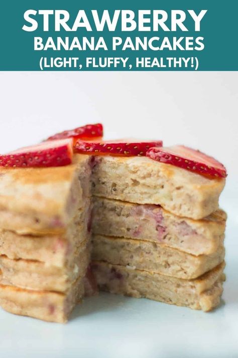 Made with simple, healthy ingredients, these strawberry banana pancakes contain no added sugar and are a delicious breakfast! Strawberry Banana Pancakes For Baby, Kid Pancakes, Banana Pancakes For Baby, Strawberry Banana Pancakes, Blw Recipes, Baby Recipe, Baby Breakfast, Toddler Foods, Strawberry Pancakes