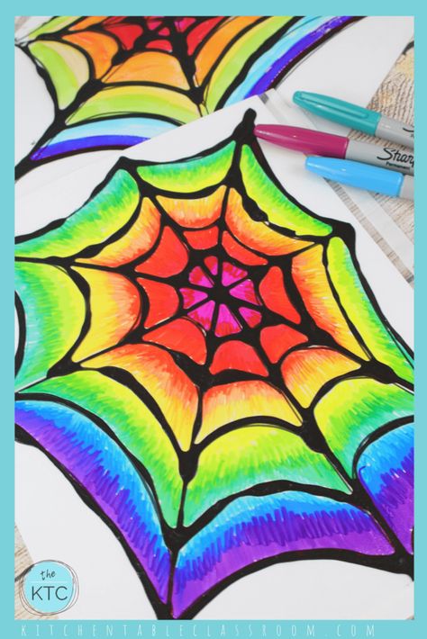 Stained Glass Spider Web, Homeroom Mom, Spider Web Craft, Stained Glass Spider, Teaching Board, Halloween Arts, Sharpie Colors, Group Art Projects, Black Glue