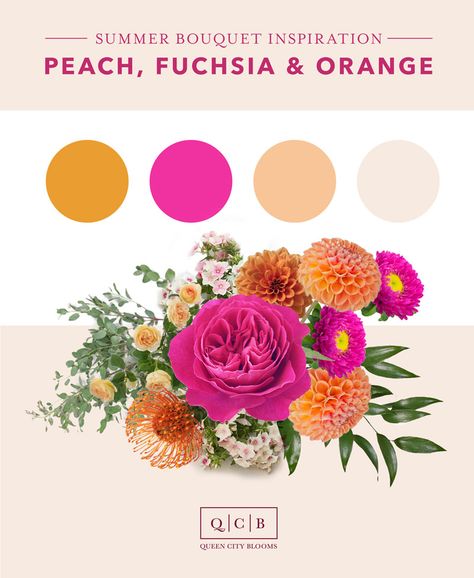 Peach And Fuschia Wedding, Teal Fuschia Orange Wedding, Pink Wedding Palette, Festive Aesthetic, Fuschia Wedding, Mexican Inspired Wedding, Bouquet Recipe, Orange And Pink Wedding, Magenta Wedding