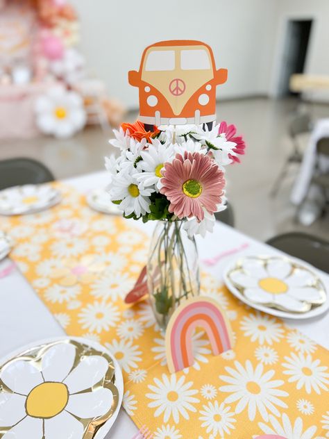 Hippy Table Decor, Groovy Table Decorations, Two Groovy Birthday Party Table Decor, Groovy Party Centerpiece Ideas, 70s Party Table Decorations, Five Is A Vibe Centerpiece, Five Is A Vibe Birthday Party Centerpieces, Flower Power Centerpieces, Groovy Table Centerpiece