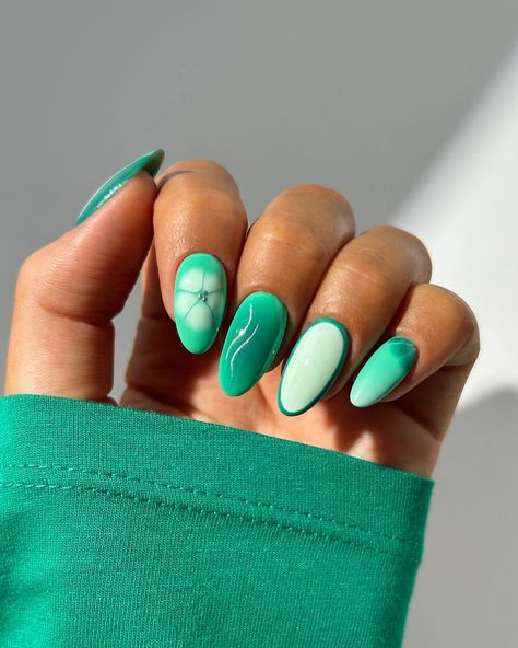 a green mix and match with subtle silver accents 🐢🌿✨ accompanied by this stunning ring ‘set toi et moi’ from @causyou and you can use code MarnieCY for 20% off 💞 #nails #nailinspo #nailart #naildesign #summernails #mixandmatchnails #greennails Green Nails For Wedding, Mixed Nail Designs, Green And Blue Nails, Blue And Green Nails, Mix Match Nails, Adorable Nails, Olive Nails, Almond Gel Nails, Nailinspo Nailart