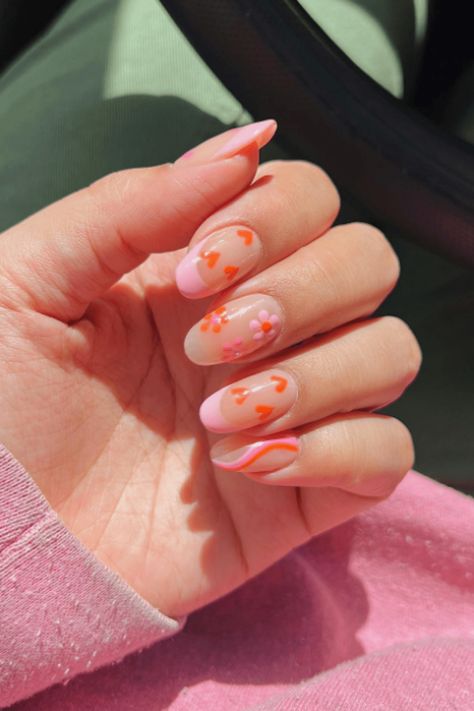 Orange With Flowers Nails, Pink Nails With Orange Flowers, Short Orange And Pink Nails, Pink And Orange Nails Flowers, Pink Orange Flower Nails, Nail Orange Pink, Orange Pink Nail Art, Pink Orange Nail Art, Pink And Orange Flower Nails