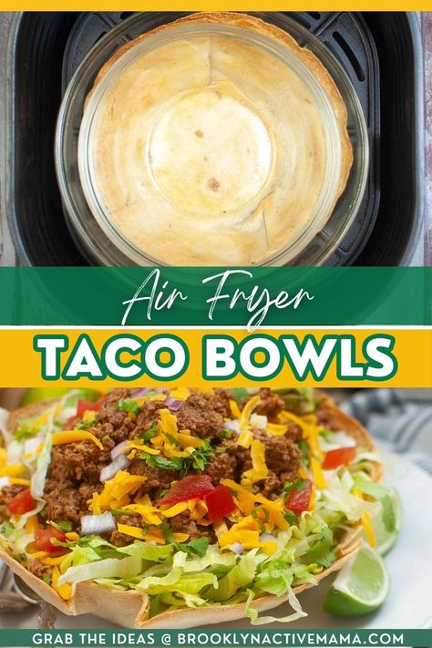 Easy Air Fryer Taco Bowls Air Fryer Taco Bowls, Air Fryer Tortilla Bowl, Taco Salad Bowls Air Fryer, Taco Salad Shells Tortilla Bowls Air Fryer, Air Fryer Tacos Corn Tortillas, Taco Salad Shells, Grilled Peppers And Onions, Taco Bowl Recipe, Taco Salad Bowls