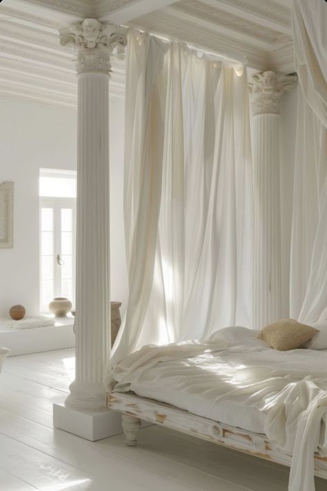 Roman Bedroom Theme, Greek Inspired Room, Light Room Aesthetic, Greek Style Bedroom, Divine Room, Greece Inspired Bedroom, Roman Bedroom, Roman Interior Design, Greek Bedroom