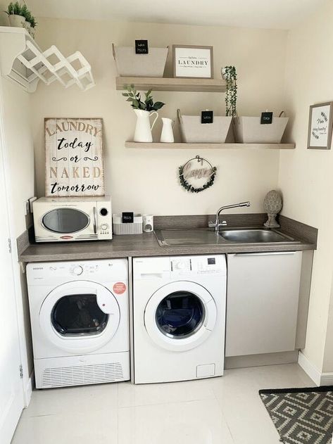 I thought my utility room was looking a little plain and boring and lacked in storage. We hadn’t done much to it since we moved in so I decided to give it a revamp. I am very happy with the results! This was it before. I had put up some frames and a drying rack but hadn’t done much else with it So I took down all the frames and left the blank wall ready for the floating shelves to go up This was the shelf I used. One was 80cm and one was 100cm I measured out the space on the wa… Laundry Closet Makeover, Utility Room Storage, Small Utility Room, Utility Room Designs, Small Laundry Room Makeover, Laundry Room Renovation, Brick Paneling, Room Shelves, Small Laundry