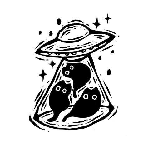 Ufo Cats Ufo Drawing, Trippy Cat, Ufo Tattoo, Linocut Printmaking, Lino Art, Cat Doodle, Linocut Art, Minimalist Tattoos, Cute Doodles Drawings