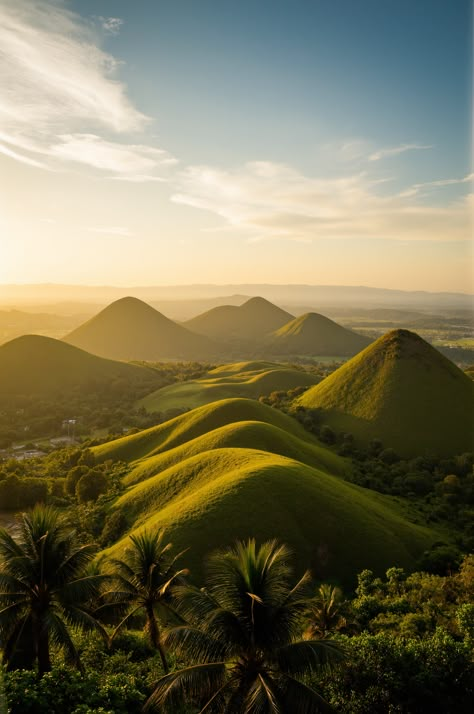 Magical sunrise over the Chocolate Hills of Bohol, Philippines. These iconic, symmetrical hills offer a breathtaking view, especially during golden hour. Explore the beauty of the Visayas region and experience the wonder of this natural landscape. #ItsMoreFunInThePhilippines Bohol Chocolate Hills Philippines, Chocolate Hills Philippines, Bohol Chocolate Hills, Philippines Landscape, Philippines Bohol, Philippines Aesthetic, Philippine Travel, Tropical Vegetation, Chocolate Hills