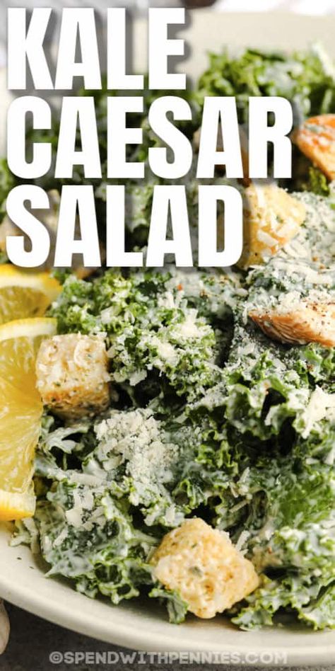 Kale Caesar Salad dressing has just 4 ingredients. Everyone's favorite dressing is ready in no time! #spendwithpennies #kalecaesarsalad #sidedish #recipe #panera #sweetgreen #powerfood #best #healthy #creamy Kale Cesar Salad, Crunchy Kale, Homemade Caesar Dressing, Homemade Caesar, Kale Caesar, Salad Inspiration, Kale Caesar Salad, Kale Salad Recipes, Classic Salad