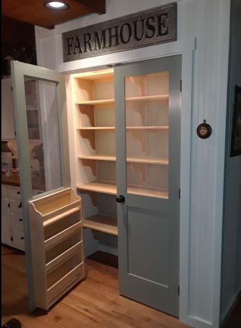 Sliding Door Pantry Remodel, Double Wide Pantry Ideas, Add In Pantry, Open Faced Pantry, Bifold Pantry Door Ideas Farmhouse Style, Back Of Door Spice Rack, Small Pantry Build, Diy Farmhouse Cabinets, Cabinets By Refrigerator