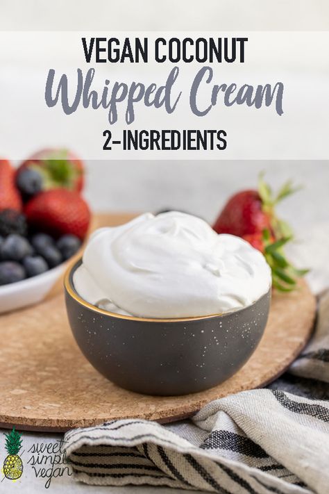 A step-by-step tutorial on how to make the perfect homemade vegan coconut whipped cream with just 2 ingredients and about 15 minutes of your time. It's easy to make and a great addition to (almost) any dessert! #coconut #whippedcream #cream #vegan #dairyfree #2ingredient #vegandessert #coconutdessert #kids #easy #musttry #summer #springdessert #strawberryshortcake #sweetsimplevegan Vegan Cool Whip, Dessert Coconut, Homemade Whipped Cream Recipe, Alternative Sweeteners, Vegan Whipped Cream, Recipes With Whipping Cream, Coconut Desserts, Vegan Coconut, Spring Desserts