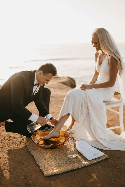 Destination wedding | white halter wedding dress | wedding dress with train | ceremony | washing of feet Christian Beach Wedding Ideas, Feet Washing Ceremony Wedding Meaning, Footwashing Ceremony Wedding, Wedding Feet Washing Ceremony, Washing Feet Wedding, Worship Wedding Ceremony, Foot Washing Ceremony Wedding, Christian Beach Wedding, Small Beach Wedding Ceremony