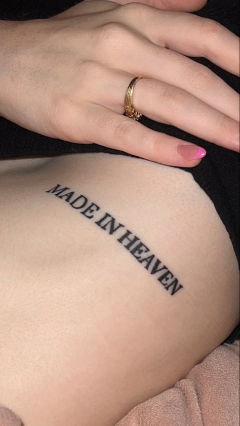 Rib Tattoo Lettering, On My Block Tattoo, Lucky Girl Tattoo, God Is A Woman Tattoo, Good Girl Tattoo, Heaven Sent Tattoo, Made In Heaven Tattoo, 33 Tattoo, Rock Of Ages Tattoo