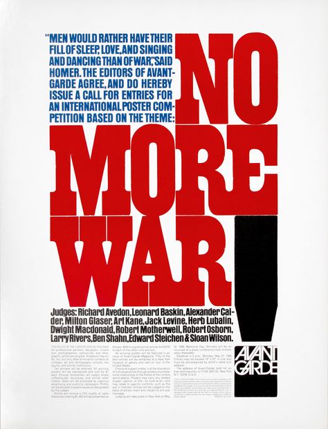 “No More War” – Avant Garde magazine call for entries - Fonts In Use Poster Competition, Jessica Hische, Herb Lubalin, Guy Bourdin, Milton Glaser, Japanese Typography, New York School, Type Design, Design Graphique