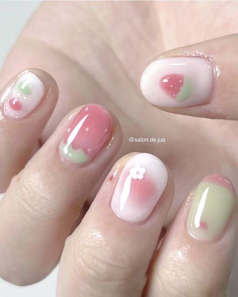 Kawaii Nails Short Natural, Minimal Oval Nails, Cute Nails Acrylic Kawaii, Nail Designs With Regular Polish, Green Pink White Nails, Builder Gel Designs Short, Cutecore Nails Short, Japanese Spring Nails, Nail Ideas Super Short