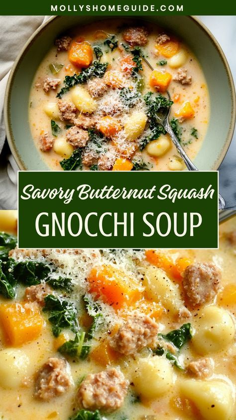 Indulge in the irresistible flavors of butternut squash gnocchi soup with this easy-to-follow recipe. This cozy and hearty dish is perfect for fall, combining the sweetness of butternut squash with pillowy gnocchi in a warm, comforting soup. Treat yourself to a bowl of creamy goodness that will warm you from the inside out on chilly autumn days. Butternut Squash Chowder, Gnocchi Butternut Squash Soup, Pumpkin Acorn Squash Soup, Trader Joe’s Butternut Squash Soup, Butternut Squash Soup With Gnocchi, Butternut Squash Soup Dutch Oven, Fall Bisque Recipes, Butternut Squash And Gnocchi Recipes, Dinners With Butternut Squash