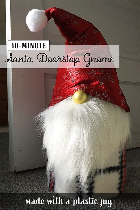 This cute Santa Gnome is a fun and easy craft for adults and teens. With his hat flopped over, this little guy stands about 18-inches tall. 10-Minute Santa Doorstop Gnome by Craftidly.com Grab a plastic 1-gallon water (or milk jug) to make this cute Christmas gnome. Add rice or small rocks to the jug to give it weight to use it as a doorstop! For more details on supplies, click over to my blog from the link below. I found this plaid fleece scarf at Dollar Tree. It was the perfect… Gnome Door Stop, Aesthetic Craft Room, Milk Jugs Christmas, Easy Crafts For Preschoolers, Cute And Easy Crafts, Diy Doorstop, Room Organization Hacks, Milk Jug Crafts, Gnome Decorations