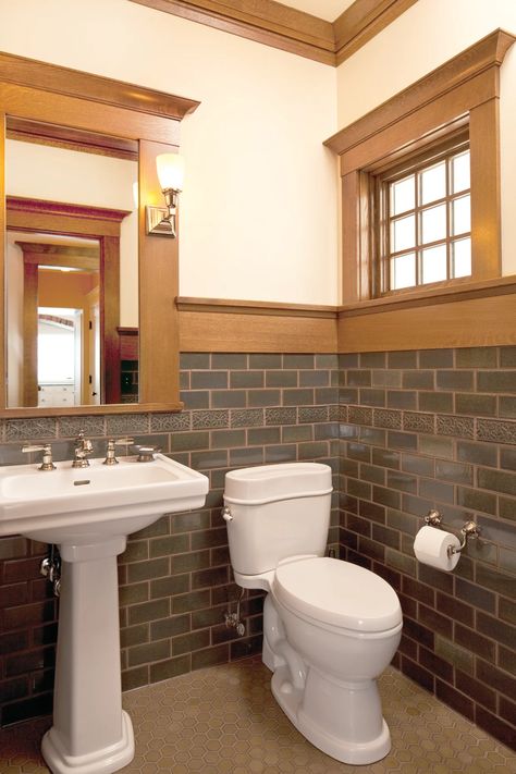 Bathroom Wood Trim, Craftsman Powder Room, Craftsman Style Bathrooms, Half Bath Design, Small Half Baths, Craftsman Style Interiors, Arts And Crafts Bathroom, Modern Powder Rooms, Craftsman Bathroom