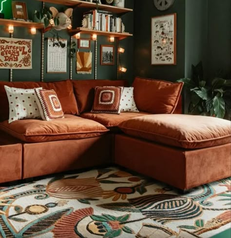 Rust Sofa Living Room Ideas, Bedroom Bed Design Modern, Rust Couch, Bed Design Ideas, Bed Interior, Murphy Bed Plans, Minimalist Bed, Wooden Bed Design, Sofa Bed Design