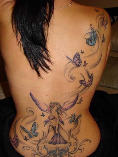 Y2k Tats, Fairy Tats, Watercolor Butterfly Tattoo, Betty Boop Tattoos, Butterfly Back Tattoo, Mystical Tattoos, Bright Tattoos, Dragonfly Tattoo Design, Dragon Tattoo For Women