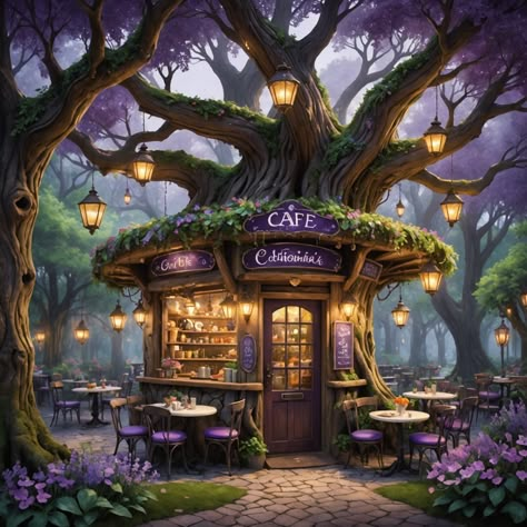 Fairy Village Fantasy Art, Fairy City Fantasy Art, Fantasy Cafe Concept Art, Fantasy Shop Concept Art, Fantasy Bakery, Cafe Bar Counter, Forest Village, Chinese Palace, Library Project