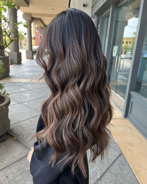 Dark Hair Highlights Blonde, Balayage On Dark Brunette, Full Head Brown Highlights, Long Dark Brunette Hair With Highlights, Long Black Hair With Layers Balayage, Balayage Long Brown Hair, Dark Brunette With Balayage, Brunette Balayage Hair On Black Hair, Highlights Dark Brown Hair Balayage