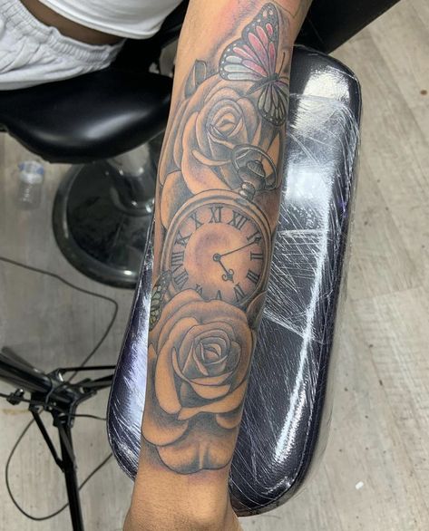 Watch And Roses Tattoo Design, Black Women Forearm Tattoo, Cute First Tattoos For Black Women, Arm Tattoos For Women Roses, Long Live Tattoo Black People, Clock Tattoos For Women, Forearm Tats For Women, Baddie Tattoo Ideas Female Sleeve, Tattoo Designs Watercolor