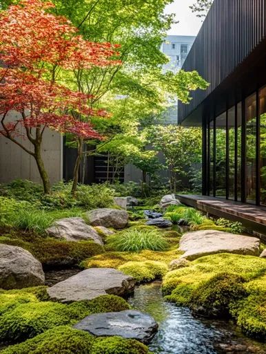 ↑↑↑ Larger size on website 🔸 A serene Japanese garden features a winding stream that flows through a bed of moss and rocks.  Larg Japanese Rock Garden, Minimalist Japanese, Moss Garden, Wood Siding, Garden Features, Green Foliage, Modern Buildings, Natural Elements, Zen Garden