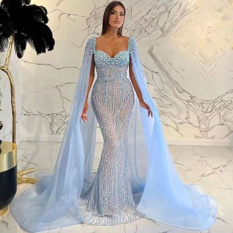 Arabic Luxury, Dress Soiree, Beaded Mermaid, Nikkah Dress, Regal Design, Long Prom Gowns, Evening Dresses With Sleeves, Womens Prom Dresses, Blue Evening Dresses