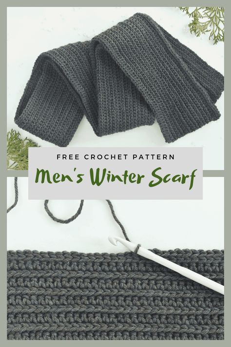 Men's Winter Scarf Free Crochet Pattern. If you would like to crochet a winter scarf for a special guy, this crochet winter scarf pattern may be just what you need. The scarf is a classic style and Beginners friendly! #crochet #aboutcrochet #crochetstitches #crochetpatterns #crochettutorial #freecrochetpattern #crochettips #crochettechniques #crochetprojects #crochetscarfs #crochetformen Men Scarf Crochet Pattern, Crochet Winter Scarf, Men Scarf Pattern, Winter Scarf Pattern, Winter Hat Crochet Pattern, Crochet Mens Scarf, Mens Winter Scarf, Crochet Scarf For Beginners, Slip Stitch Crochet