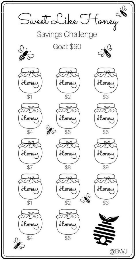 Sweet Like Honey Savings Challenge. Save $60. Low income budget or any budget. Save the dollar amount that represents each icon. Cash stuff and color to track your progress. This savings challenge is an easy and fun way to help jump start you on your savings journey. Enjoy! Printing Info: *Digital Download  *This is printed on 8.5 x 11 US letter size paper *Color will vary depending on ink and printer *Once printed, cut and place inside your A6 envelope *Make as many copies as you like or laminate for reuse Disclaimer: This is a PDF Digital Download. No physical product will be mailed to you. Digital Download will be available once payment has been confirmed and purchase has been completed. This printable is for personal use only, not to be copied or resold. There are no refunds, cancellat 50 Savings Challenge, April Savings Challenge, Free Printable Savings Challenge A6, Fun Savings Challenge, 1 Dollar Saving Challenge, Monthly Saving Challenge Free Printables, Mini Savings Challenge Free Printable, Money Saving Challenge Low Income, Easy Savings Challenge