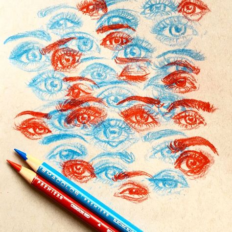 red & cyan pencil eyes Cyan And Red Aesthetic, Red And Blue 3d Effect Drawing, Red Blue Drawing, Blue And Red Drawing, Red And Blue Drawing, Cyan Eyes, Draw Book, Cool Tattoo Drawings, Blue Drawings