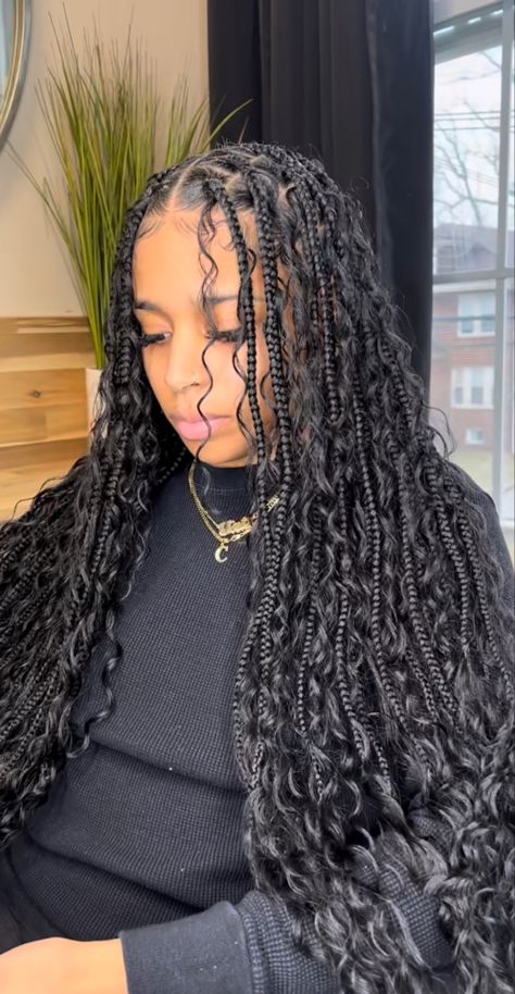 Plats Braids For Woman, Bohmenian Braids, Braids With Curly Pieces, Soft Braids, Spanish Braids, Romani Braids, Large Goddess Braids, Mermaid Braids Black Hair, Curly Hair Braids Styles