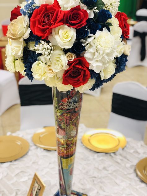 Marvel Comic/DC Comic wedding theme Marvel Centerpiece Ideas Wedding, Spiderman Wedding Decor, Deadpool Wedding Theme, Avengers Wedding Theme, Marvel Wedding Decorations, Wedding Marvel Theme, Unusual Wedding Themes, Marvel Wedding Centerpieces, Marvel Centerpiece Ideas