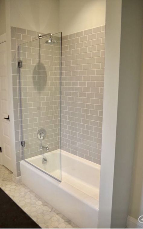 Low profile tub with glass shower wall Tub Shower Combo Remodel, Teen Bathroom, Bathroom Tub Shower Combo, Glass Shower Wall, Bathtub Shower Combo, Shower Combo, Bathroom With Tub, Bathroom Tub Shower, Bathroom Tub