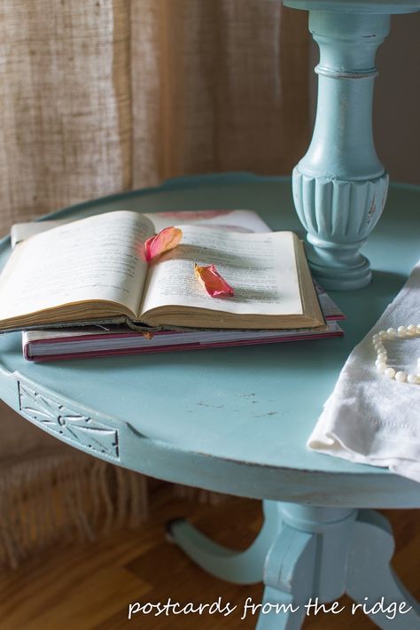 Postcards from the Ridge: Tiered Tea Table Inspired by our Moms Painted End Tables, Favorite Paint Colors, Silver Bowl, Favorite Paint, Window Room, Living Room Windows, Antique Linens, Painted Table, To My Mother