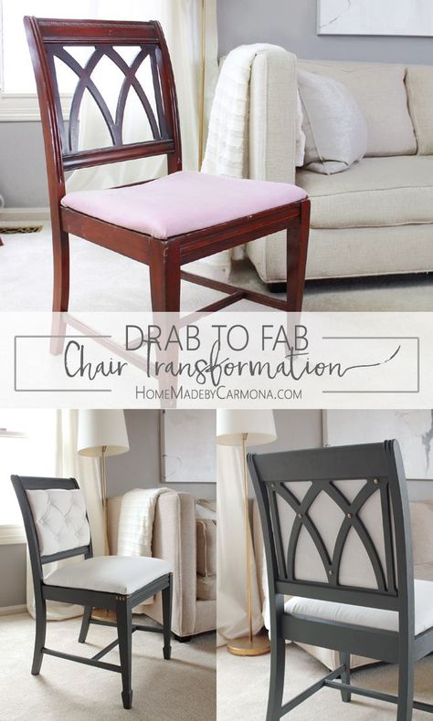 Drab To Fab Chair Transformation tutorial Chair Transformation, Dining Chair Makeover, Dining Chairs Diy, Reupholster Chair, Reupholster Furniture, Chair Makeover, Plywood Furniture, Diy Chair, Refurbished Furniture